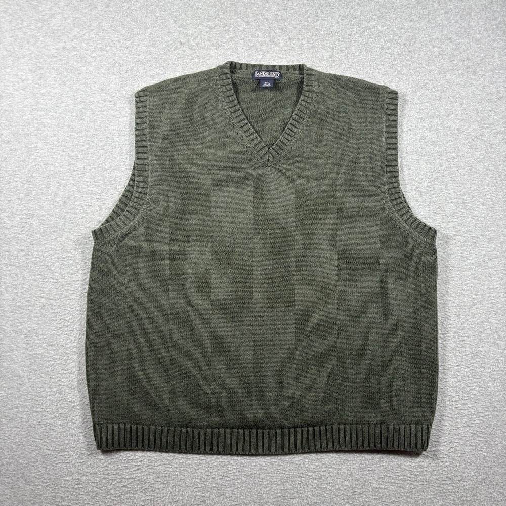 Vintage 90s Lands End Sweater Vest Men XXL Green V Neck Heavy Knit Made In Japan